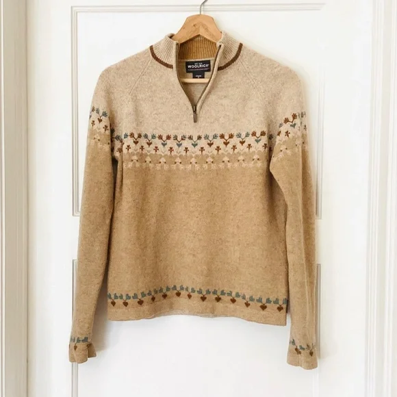 𝅺Woolrich Women’s Lamb’s Wool 1/4 zip Sweater M Raglan Skiing Fair Isle Camel - Picture 12 of 12